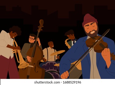 Team of hipster male jazz band playing at musical instrument isolated on black background. People play on saxophone, violin, drum and double bass at music festival. Performance of orchestra