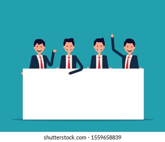 Team holding blank sign. Colleagues and Advertising, Blackboard, Happy character vector design.
