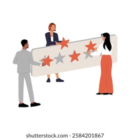 Team Holding Customer Rating Board In Flat Vector Illustration Symbolizing Feedback, Business Reputation, And Service Evaluation, Isolated On White Background