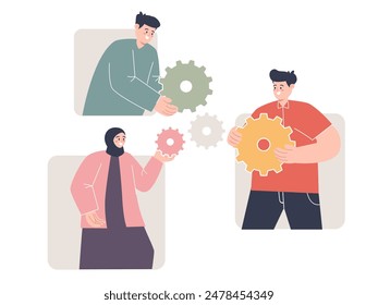 Team holding gears cogwheel connecting each other collaboration community concept soft color vector illustration