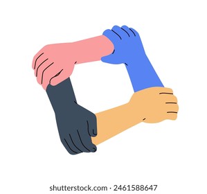 Team holding hands together in circle for support, trust and solidarity. Cooperation concept. People in mutual connection, unity, linking arms. Flat vector illustration isolated on white background