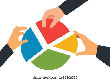 Equipe segurando parte da ilustração de negócios do gráfico de pizza