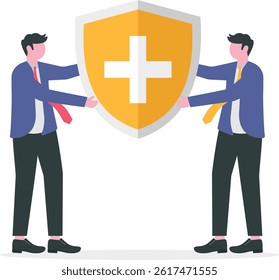 Team holding shields against business. Teamwork unity

