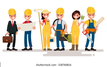 Team home builders. Engineer and foreman are discuss the building project. Painter electrician, landscaper and carpenter. Vector illustration in  flat style