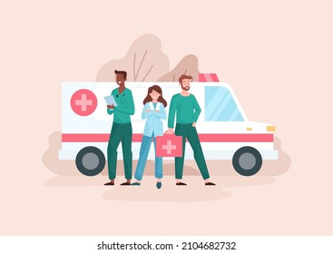 Team Of Hospital. Doctors Stand In Background Of Car, Rapid Response Team. Critical Situations, Resuscitation And First Aid To Injured. Clinic And Specialists. Cartoon Flat Vector Illustration