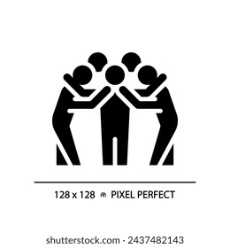 Team huddle black glyph icon. Unity in sports. American football. Motivation for players. Strategy discussion. Silhouette symbol on white space. Solid pictogram. Vector isolated illustration