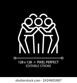 Team huddle white linear icon for dark theme. Unity in sports. American football. Motivation for players. Strategy discussion. Thin line illustration. Isolated symbol for night mode. Editable stroke