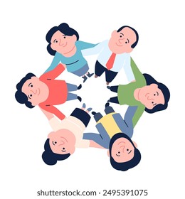 Team huddles. Different people standing in circle, hugging and glazing up. Happy office colleagues, employees flat characters together recent vector scene