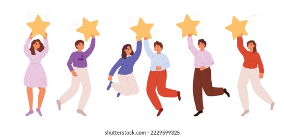 Team with huge rate stars, consumer and user review. Rating service concept with smiling people holding golden stars as rating result, clients feedback, good experience. Cartoon vector illustration