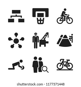 team icon. 9 team vector icons set. engineer, trekking and bicycle icons for web and design about team theme