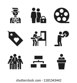 team icon. 9 team vector icons set. business meeting, film and organization icons for web and design about team theme