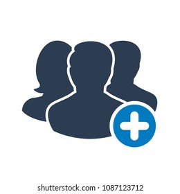 Team icon with add sign. Team icon and new, plus, positive symbol. Vector illustration