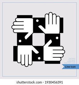 Team icon, arm connected to arm, Pin with four hands held by the wrist. A professional, pixel-aligned, Pixel Perfect, Editable Stroke, Easy Scalablility. 8x, 256px.