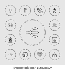 Team icon. collection of 13 team outline icons such as gear, man working at the table, baseball player, trophy, star trophy. editable team icons for web and mobile.