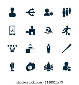 Team icon. collection of 16 team filled icons such as family structure, meeting, swimming, football on phone, football player. editable team icons for web and mobile.