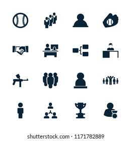 Team icon. collection of 16 team filled icons such as user, paintball, trophy, baseball glove, baseball, handshake. editable team icons for web and mobile.