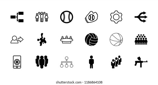 Team icon. collection of 18 team filled and outline icons such as group, paintball, structure, baseball, volleyball, user, gear. editable team icons for web and mobile.