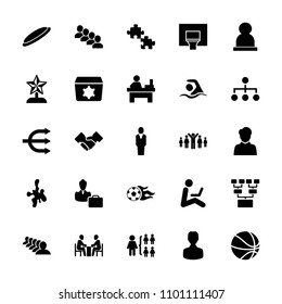 Team icon. collection of 25 team filled icons such as group, table, structure, puzzle, handshake, woman consultant with case, swimming. editable team icons for web and mobile.