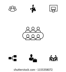 Team icon. collection of 7 team filled and outline icons such as meeting, woman consultant with case, user group, basketball basket. editable team icons for web and mobile.