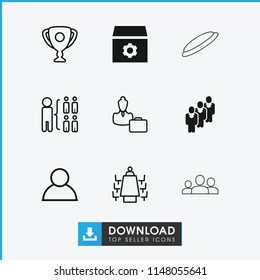 Team icon. collection of 9 team filled and outline icons such as gear, structure, user, meeting, woman consultant with case, trophy. editable team icons for web and mobile.