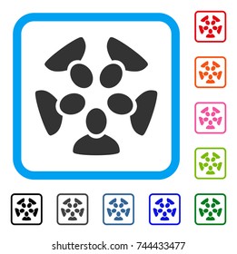 Team icon. Flat gray pictogram symbol inside a blue rounded rectangular frame. Black, gray, green, blue, red, orange color variants of Team vector. Designed for web and application user interface.