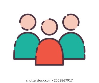 Team Icon. Flat line color icon of illustrative icon depicting a group of three individuals symbolizing teamwork and collaboration. Colored Outline Icons.