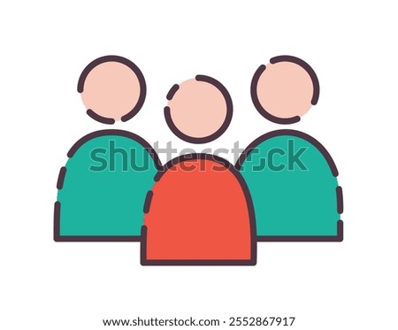Team Icon. Flat line color icon of illustrative icon depicting a group of three individuals symbolizing teamwork and collaboration. Colored Outline Icons.