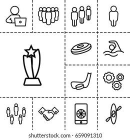 Team icon. set of 13 outline teamicons such as man with laptop, handshake, gear, swimming, football on phone, hockey stick and puck, rowing, trophy, user, hockey puck
