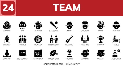 team icon set. 24 filled team icons.  Simple modern icons about  - Avatar, Co, Baseball, Man, Doctor, Cricket, Friends, Hockey, Friendship, Rowing, Meeting, Trophy, Table, Startup