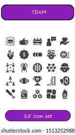 team icon set. 25 filled team icons.  Collection Of - Puck, Hand, Football, User, Gear, Balls, Man, Basketball, Community, Cricket, Hockey, Connect, Avatar, Connection, Rugby icons