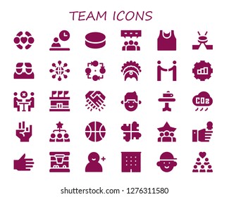  team icon set. 30 filled team icons. Simple modern icons about  - Friends, Employee, Puck, Teamwork, Sport shirt, Hockey, Connect, Strategy, Headdress, Agreement, Gear, Meeting