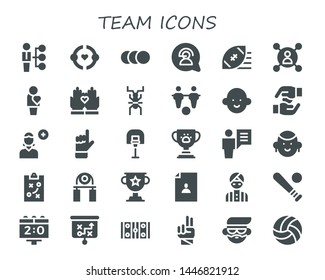 team icon set. 30 filled team icons.  Simple modern icons about  - Skills, Friendship, Balls, Communication, Rugby ball, User, Human, Hands, Cricket, Foosball, Avatar, Add user