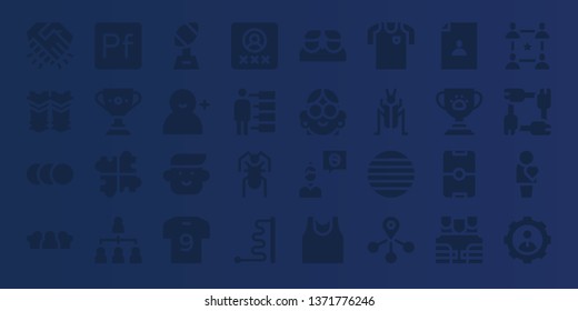 team icon set. 32 filled team icons. on blue background style Collection Of - Handshake, Shin guards, Balls, Friends, Portfolio, Trophy, Solution, Hierarchical structure, Add user