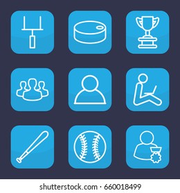 Team icon. set of 9 outline team icons such as user group, man sitting with laptop, goal post, hockey puck, baseball, baseball bat, man with medal, user