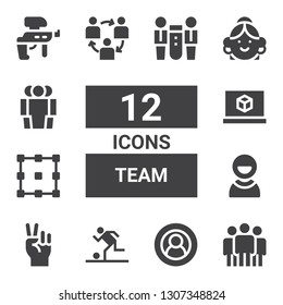 team icon set. Collection of 12 filled team icons included Team, User, Football, Hand, Allocation, d printing software, Teamwork, Avatar, Cooperation, Paintball