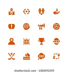 team icon set. Collection of 16 filled team icons included Friendship, Co, Headdress, Hockey, Avatar, Trophy, Ball, Employee, Vuvuzela, Programmer, Relationship, User, Football
