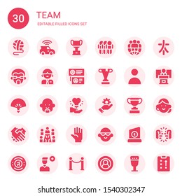 team icon set. Collection of 30 filled team icons included Ball, Connection, Trophy, Friendship, Leader, Man, Teamwork, User, Fan, Avatar, Hand, Management, Handshake, Meeting