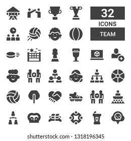 Team Icon Set. Collection Of 32 Filled Team Icons Included Co, Conference, Connect, Friends, Hierarchical Structure, Communication, Football Shoes, Hand Shake, Fan, Volleyball