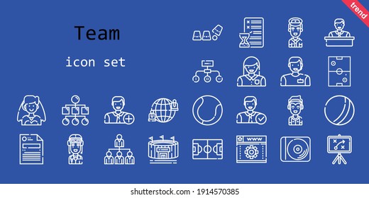 team icon set. line icon style. team related icons such as bride, pilot, woman, marshall, hierarchical structure, networking, air hockey, employee, football field, tennis, network, ball