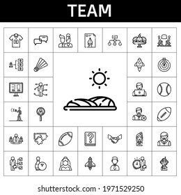 team icon set. line icon style. team related icons such as bride, handshake, woman, advertising, discussion, employee, bowling, skills, football jersey, file, startup, scoreboard