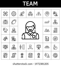 team icon set. line icon style. team related icons such as woman, student, employee, bowling, skills, ball, communications, file, startup, man, hospital, job search, pilot