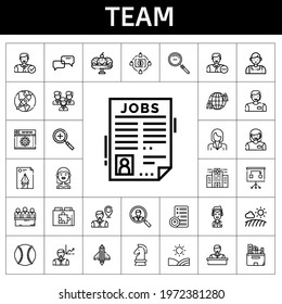 team icon set. line icon style. team related icons such as bride, woman, employee, network, file, startup, web plugin, web development, man, hospital, businesswoman, zoom out
