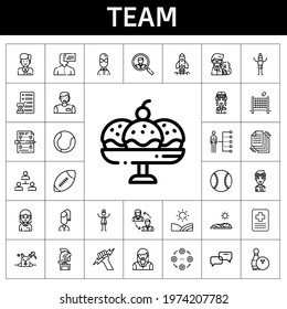 team icon set. line icon style. team related icons such as woman, student, volley, bowling, employee, skills, startup, helmet, man, hospital, conversation, job search, pilot