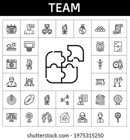 team icon set. line icon style. team related icons such as woman, housekeeping, employee, air hockey, newtons cradle, network, ball, basketball, user list, communications, helmet
