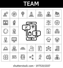 team icon set. line icon style. team related icons such as woman, student, video, employee, newtons cradle, network, skills, ball, file, negotiation, man, scoreboard, gorilla