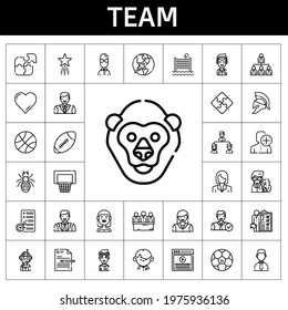 team icon set. line icon style. team related icons such as bride, woman, student, volley, networking, video, employee, skills, basketball, file, startup, helmet, man