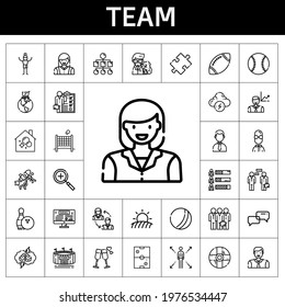 team icon set. line icon style. team related icons such as woman, volley, air hockey, employee, bowling, housekeeping, network, skills, ball, startup, stadium, man, businessman