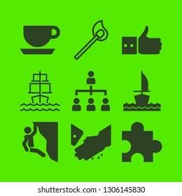 team icon set with match, climbing and sailboat vector illustration