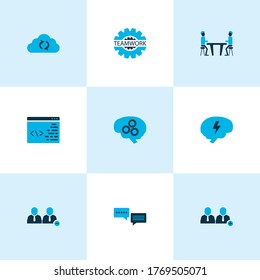 Los iconos del equipo están coloreados con el equipo de agregar, eliminar equipo, sincronización en la nube y otros elementos de discusión. Iconos aislados del equipo de ilustración vectorial.