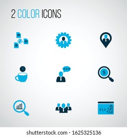 Team icons colored set with team head, group, analytics and other coding elements. Isolated vector illustration team icons.